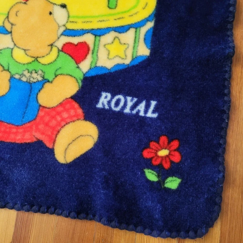 Vtg Baby Blanket Teddy Bear Marry Go Round Carnival Mink Plush Navy Blue RARE